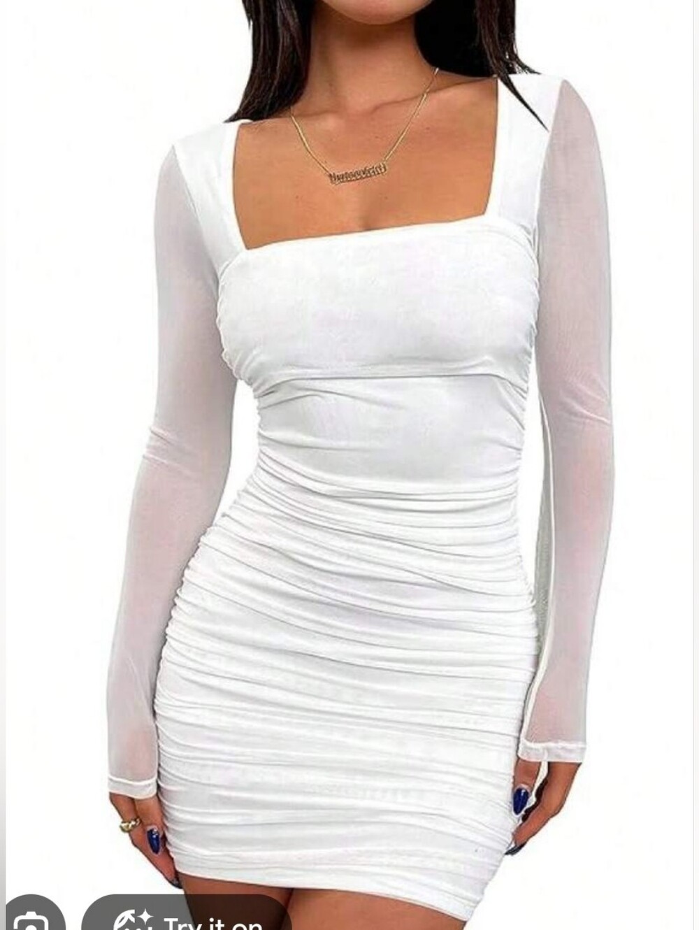 Ruched Mesh Sleeve Square Neck Bodycon Mini Dress